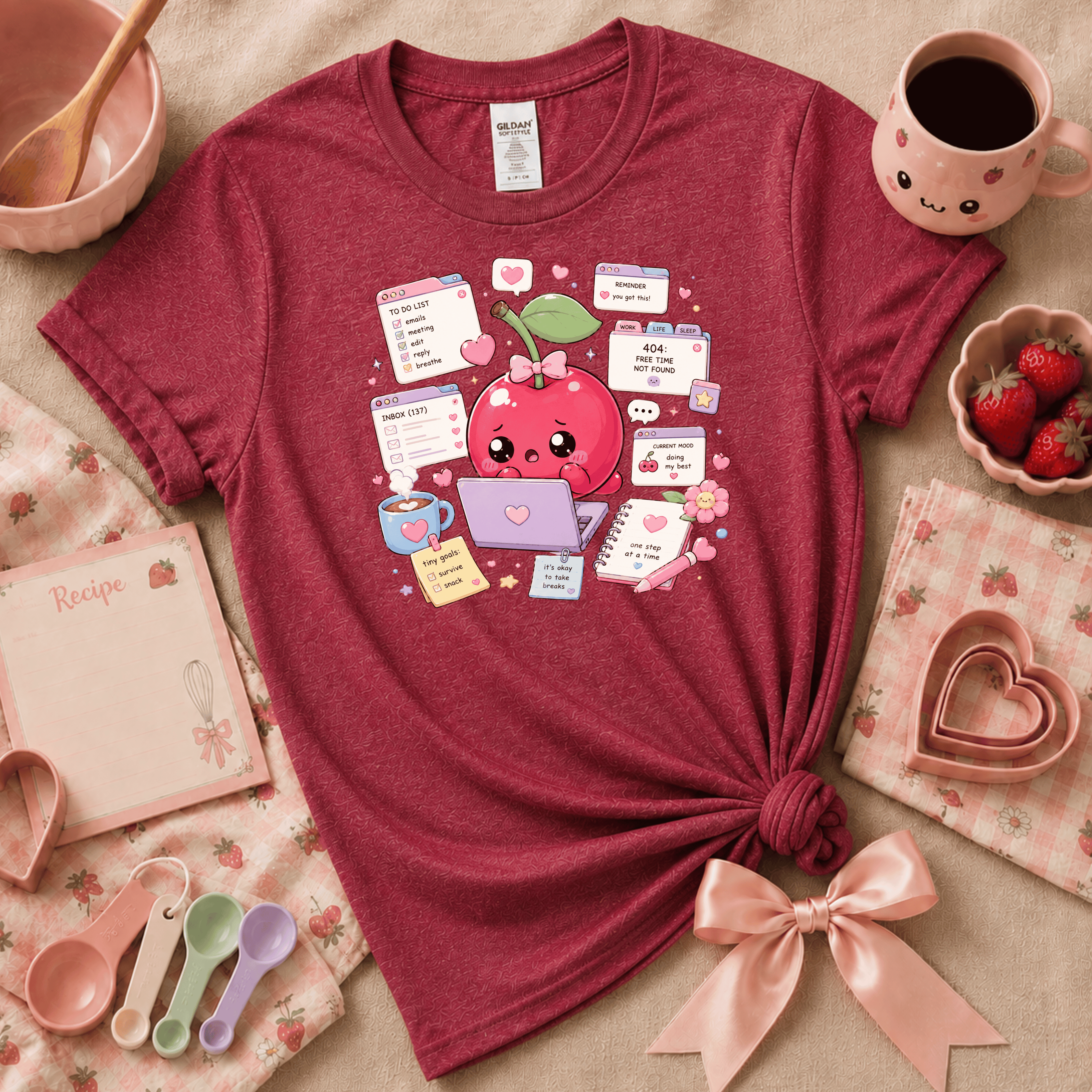 Overwhelmed Cherry | Cute Food Graphic T-Shirt