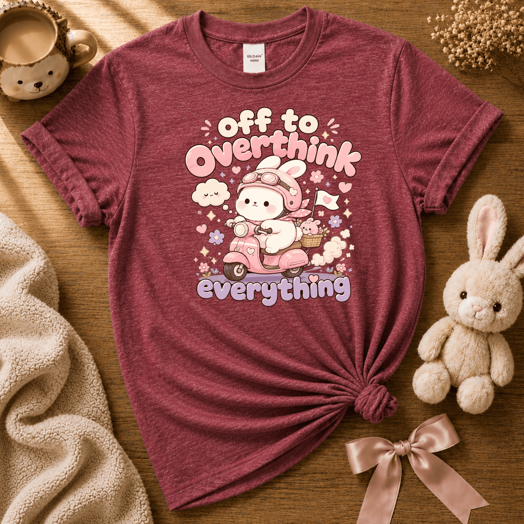 Overthink Bunny cute animal graphic t-shirt displayed in a cozy flat lay in heather cardinal.