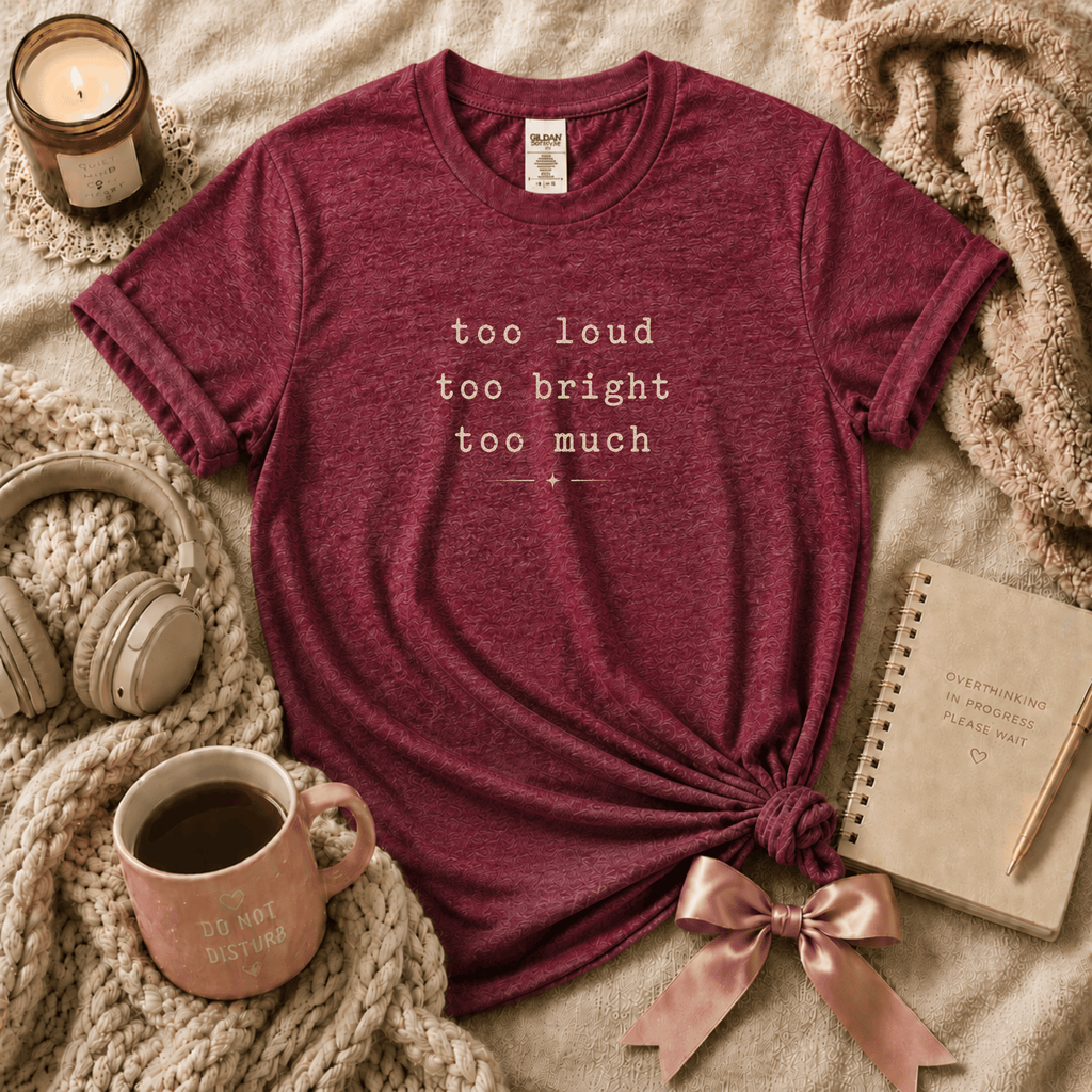 Too Much introvert graphic t-shirt cozy flat lay in heather cardinal.