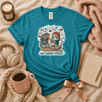 My Happy Place introvert graphic t-shirt cozy flat lay in heather galapagos blue.