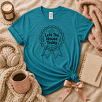 Left The House introvert graphic t-shirt cozy flat lay in heather galapagos blue.