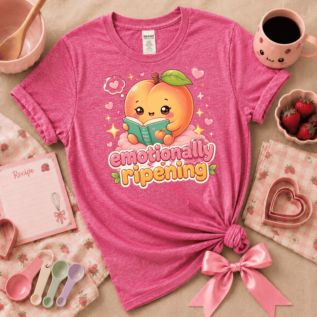 Emotionally Ripening kawaii cute fruit graphic t-shirt displayed in a cozy flat lay in heather heliconia.