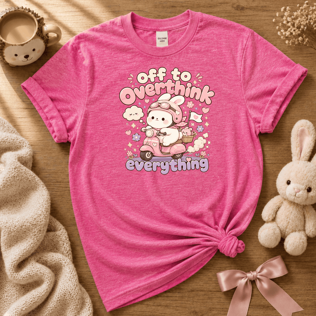 Overthink Bunny cute animal graphic t-shirt displayed in a cozy flat lay in heather heliconia.