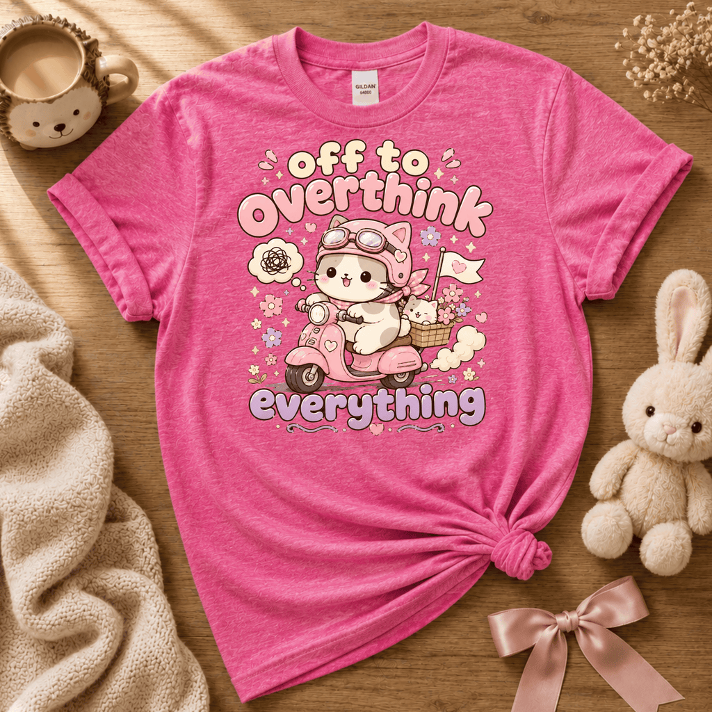 Overthink Cat cute animal graphic t-shirt cozy flat lay in heather heliconia.