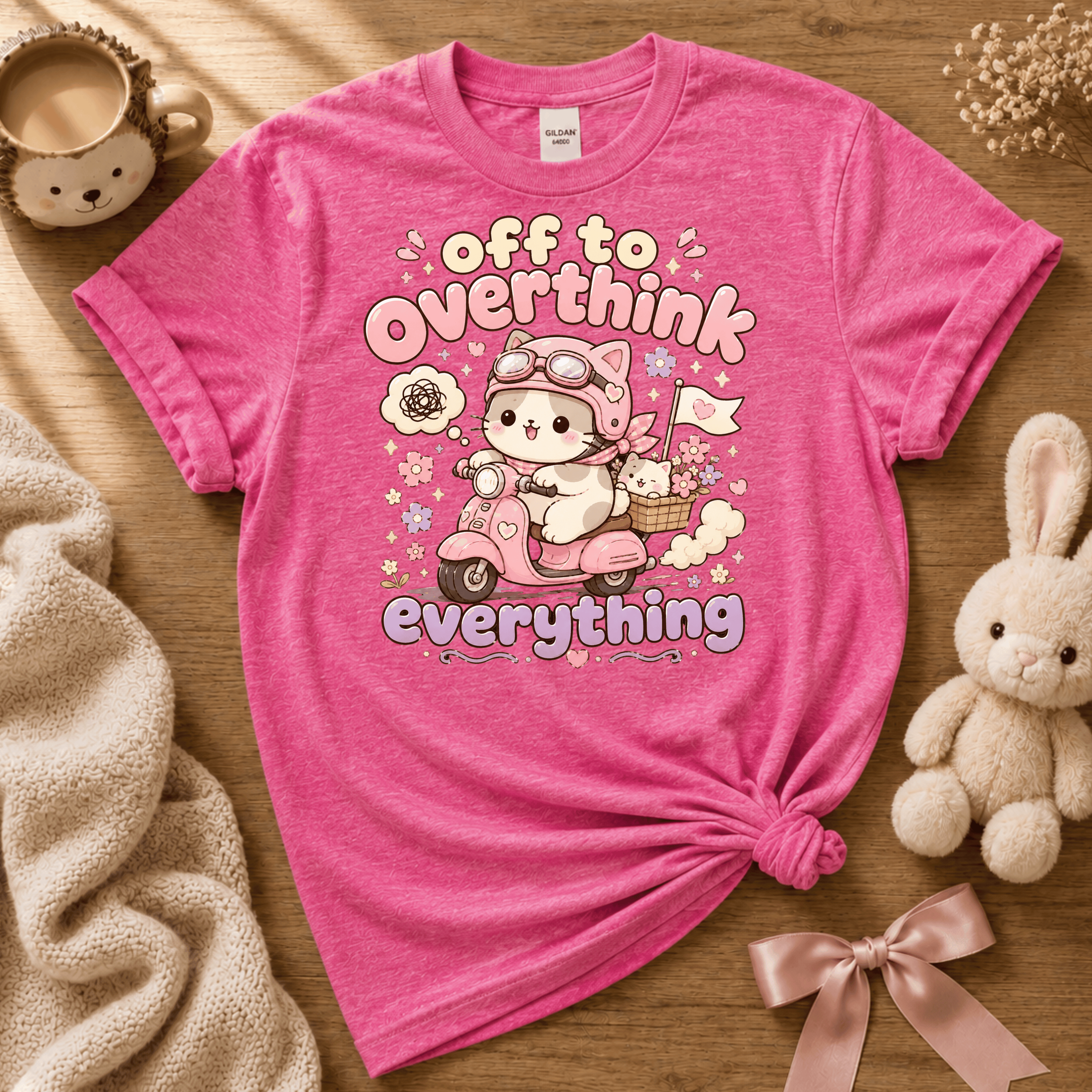 Overthink Cat cute animal graphic t-shirt cozy flat lay in heather heliconia.