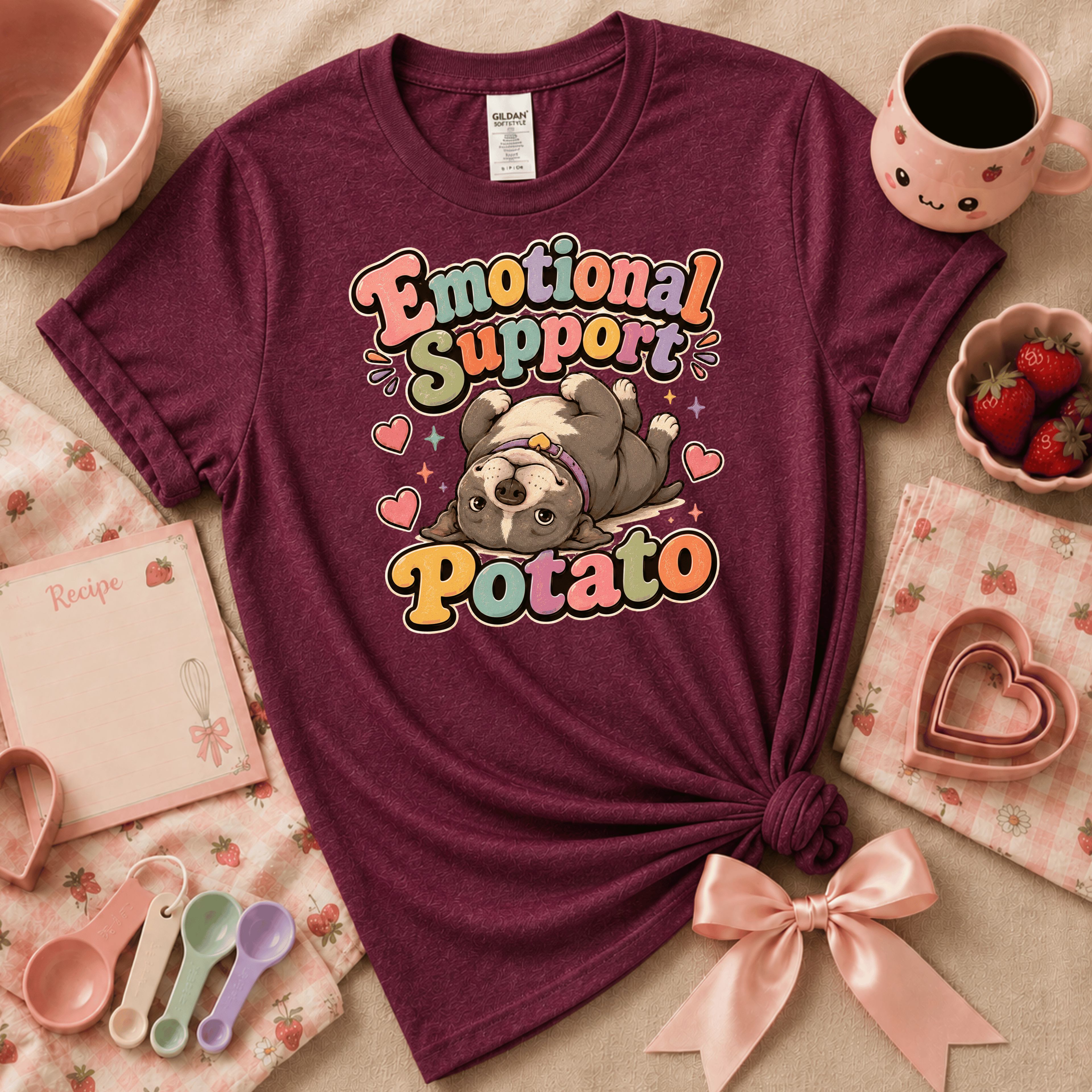 Emotional Support Potato cute animal graphic t-shirt cozy flat lay in heather maroon.