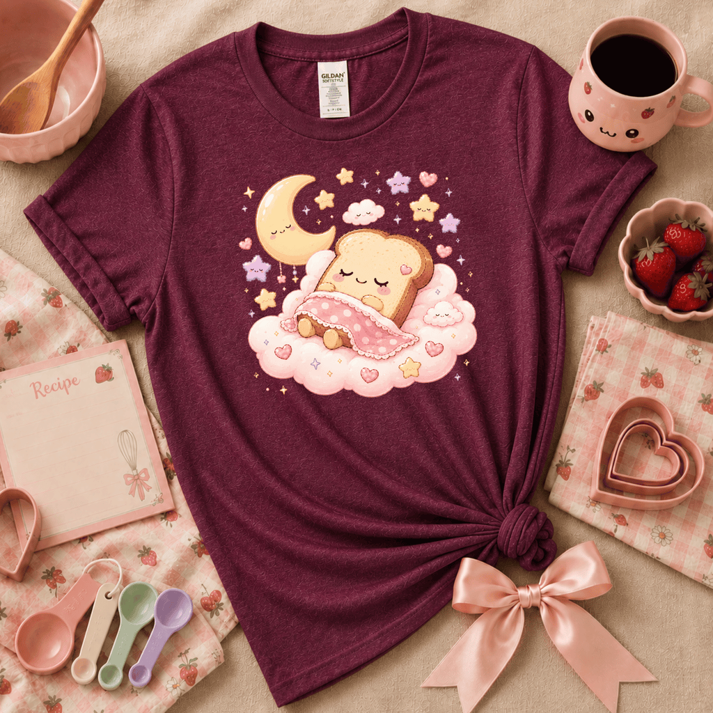 Sleeping Toast Kawaii cute food graphic t-shirt displayed in a cozy flat lay in heather maroon.
