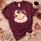 Sleeping Toast Kawaii cute food graphic t-shirt displayed in a cozy flat lay in heather maroon.