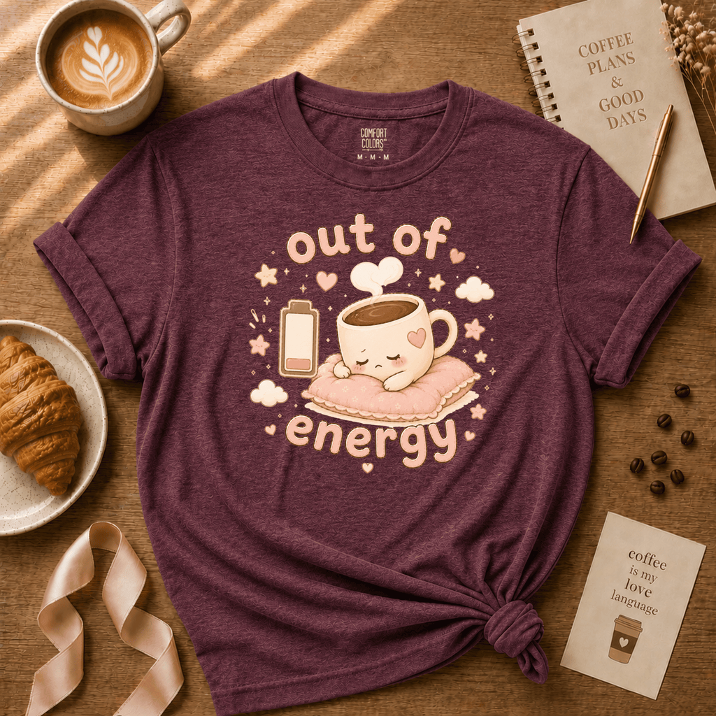 Out Of Energy coffee graphic t-shirt displayed in a cozy flat lay in heather maroon.