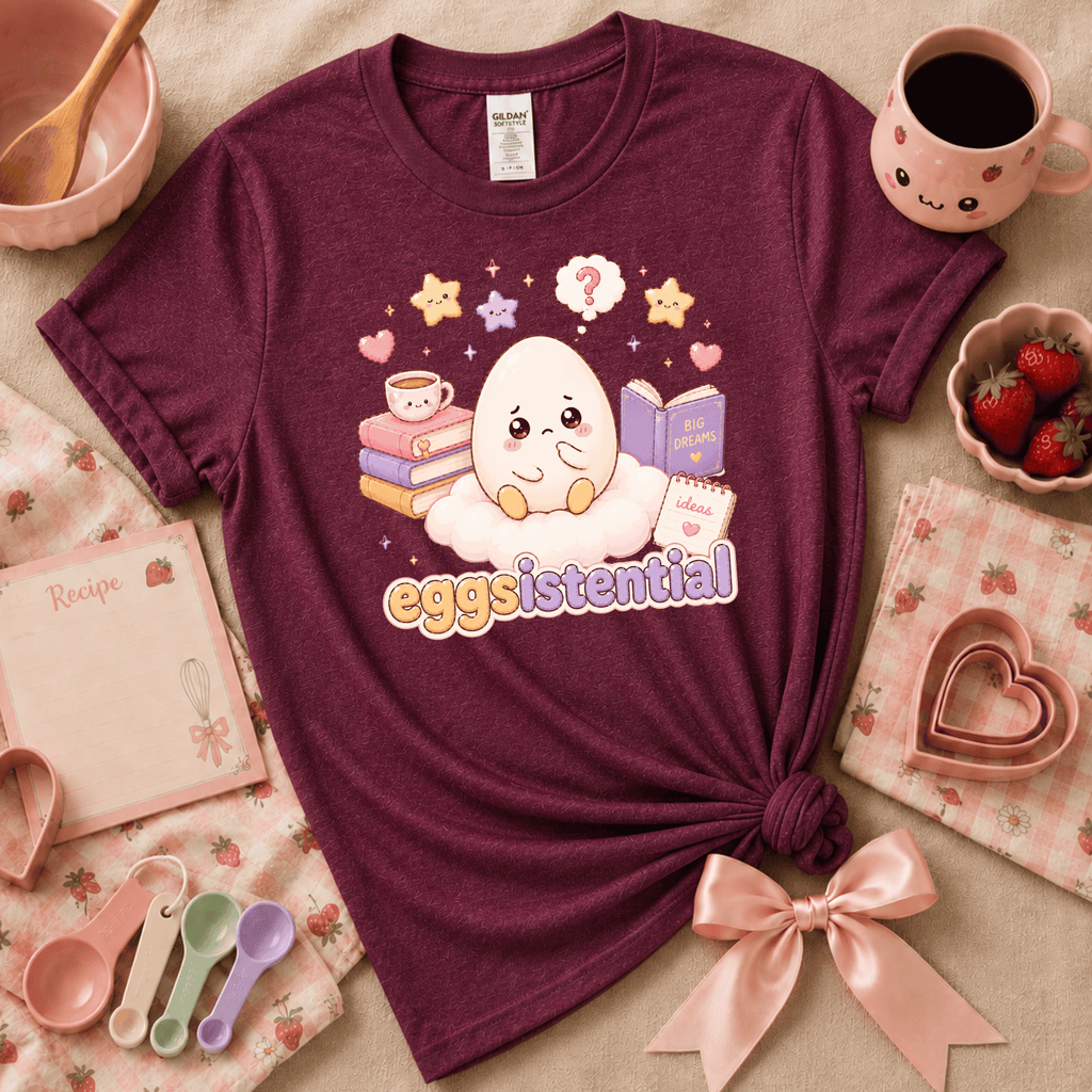 Eggsistential Kawaii cute food graphic t-shirt cozy flat lay in heather maroon.