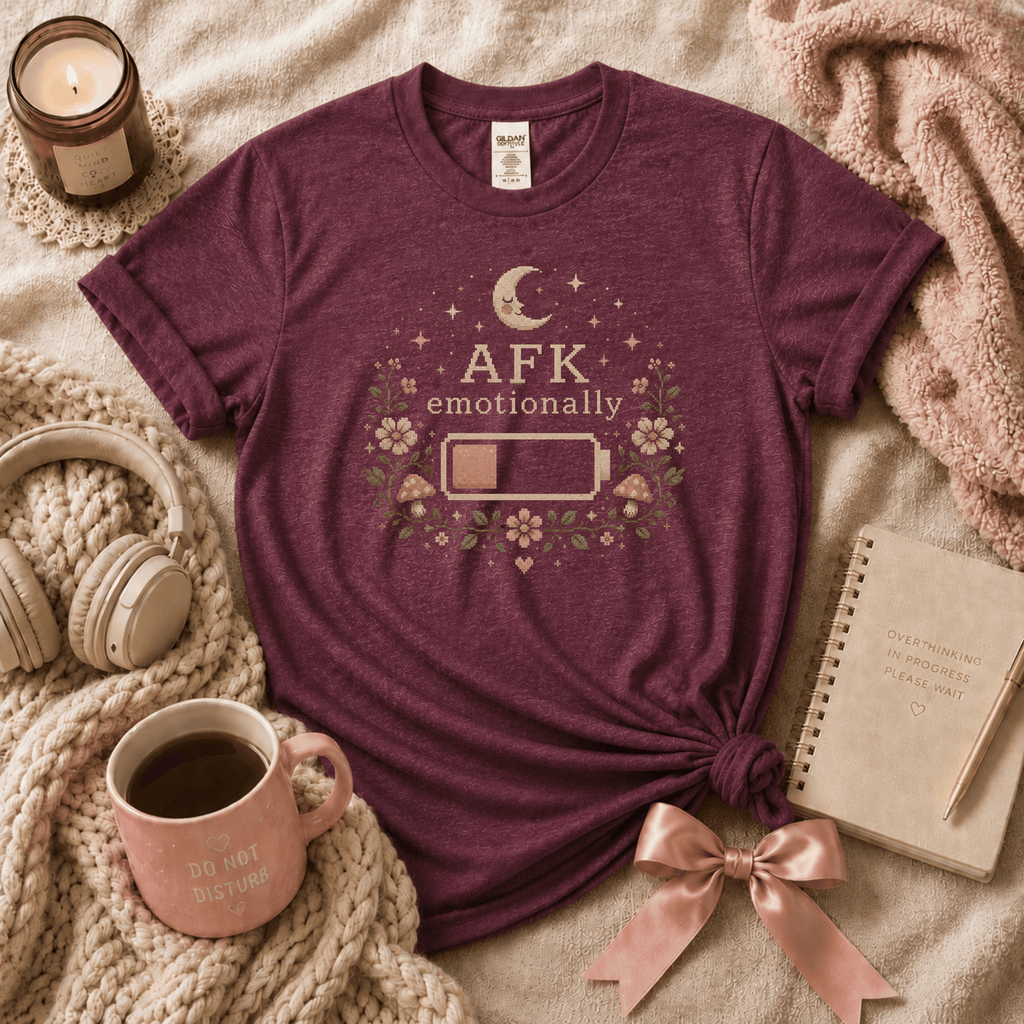 AFK introvert graphic t-shirt cozy flat lay in heather maroon.