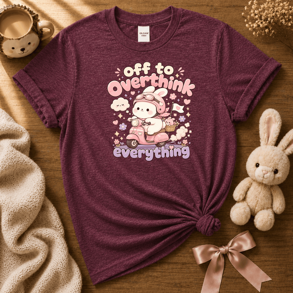 Overthink Bunny cute animal graphic t-shirt displayed in a cozy flat lay in heather maroon.