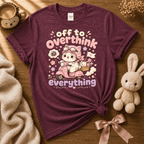 Overthink Cat cute animal graphic t-shirt cozy flat lay in heather maroon.
