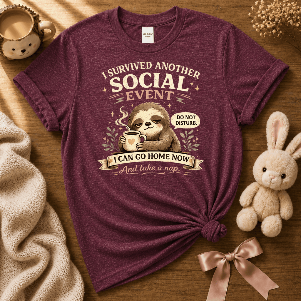I survived cute animal graphic t-shirt cozy flat lay in heather maroon.