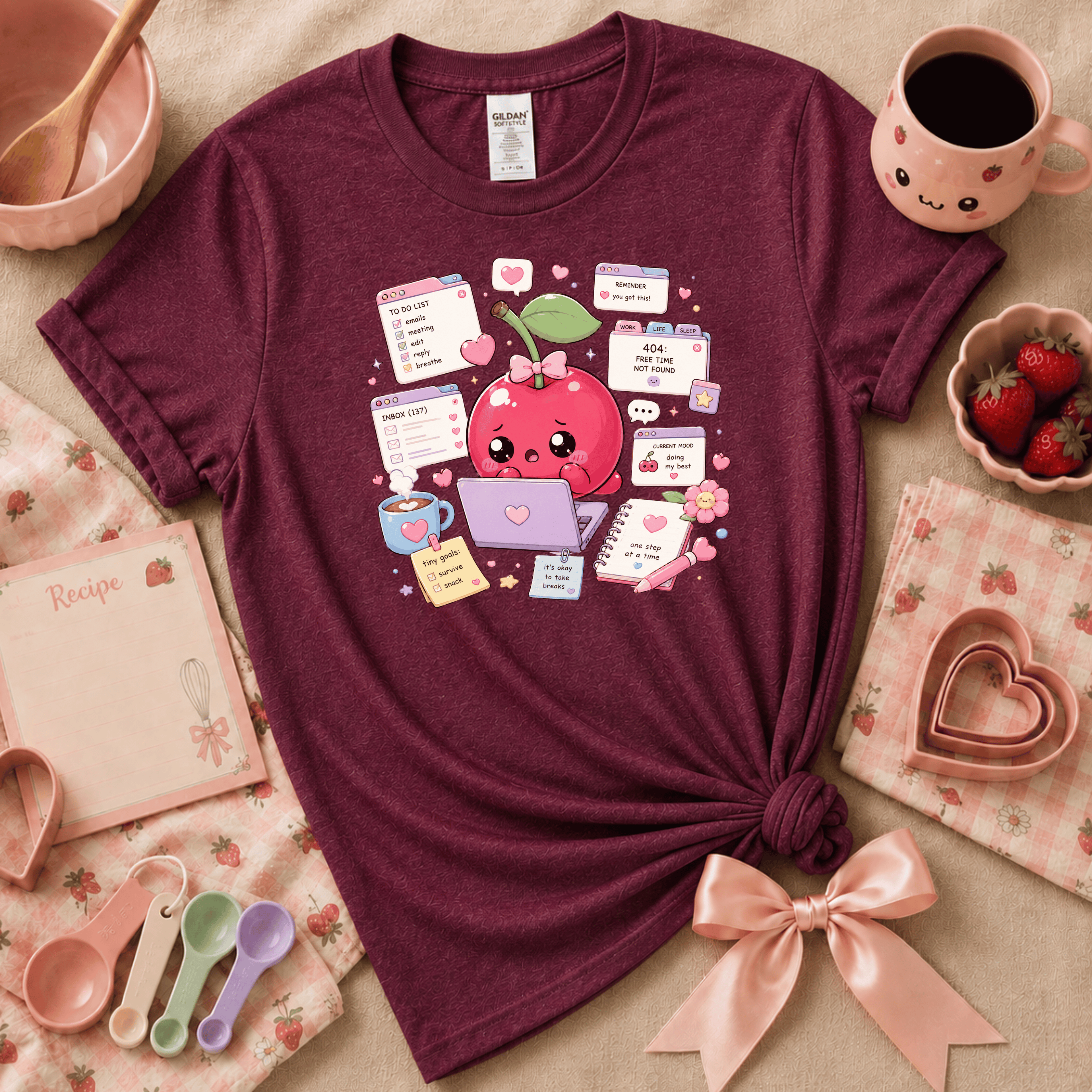 Overwhelmed Cherry | Cute Food Graphic T-Shirt