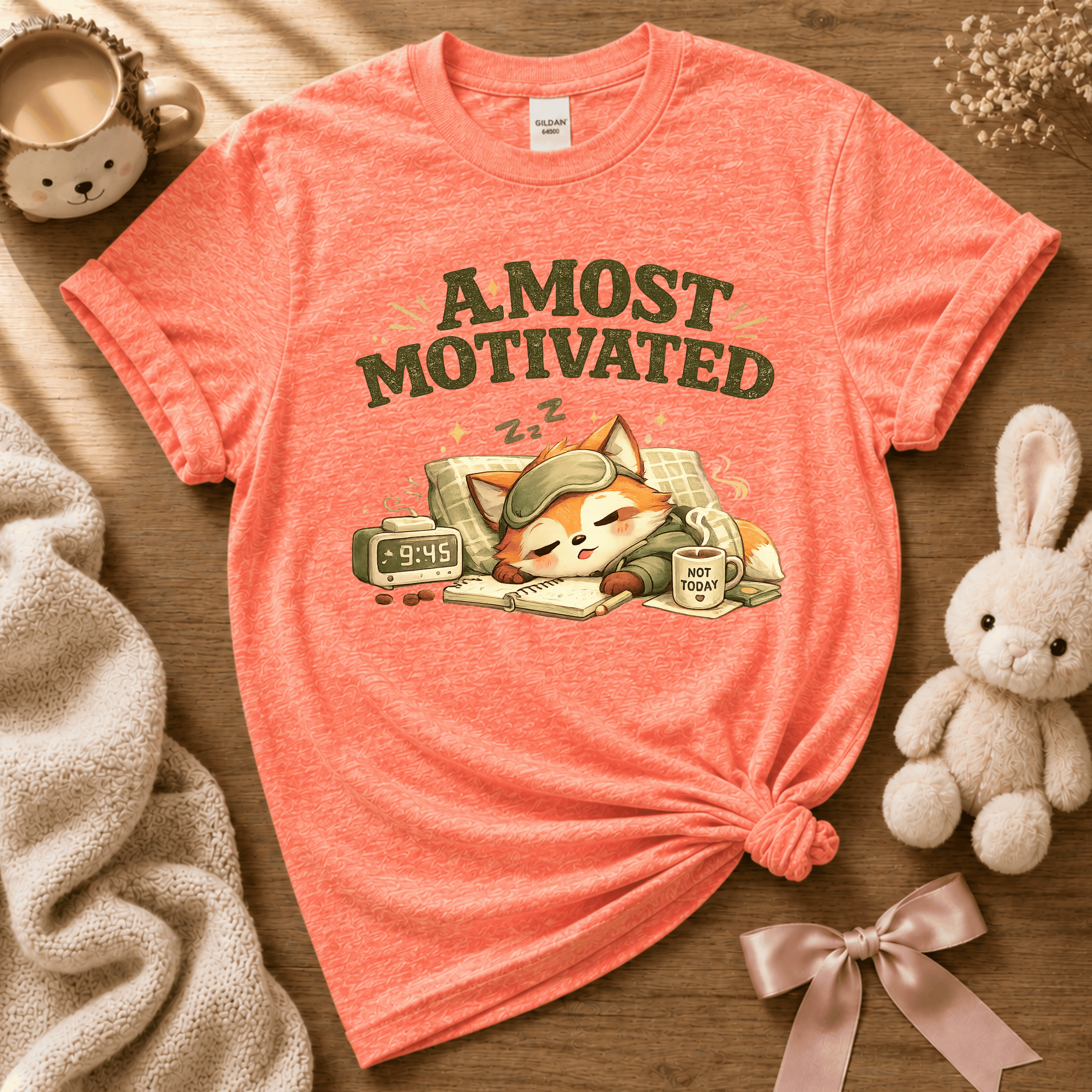 Almost Motivated cute animal graphic t-shirt cozy flat lay in heather orange.