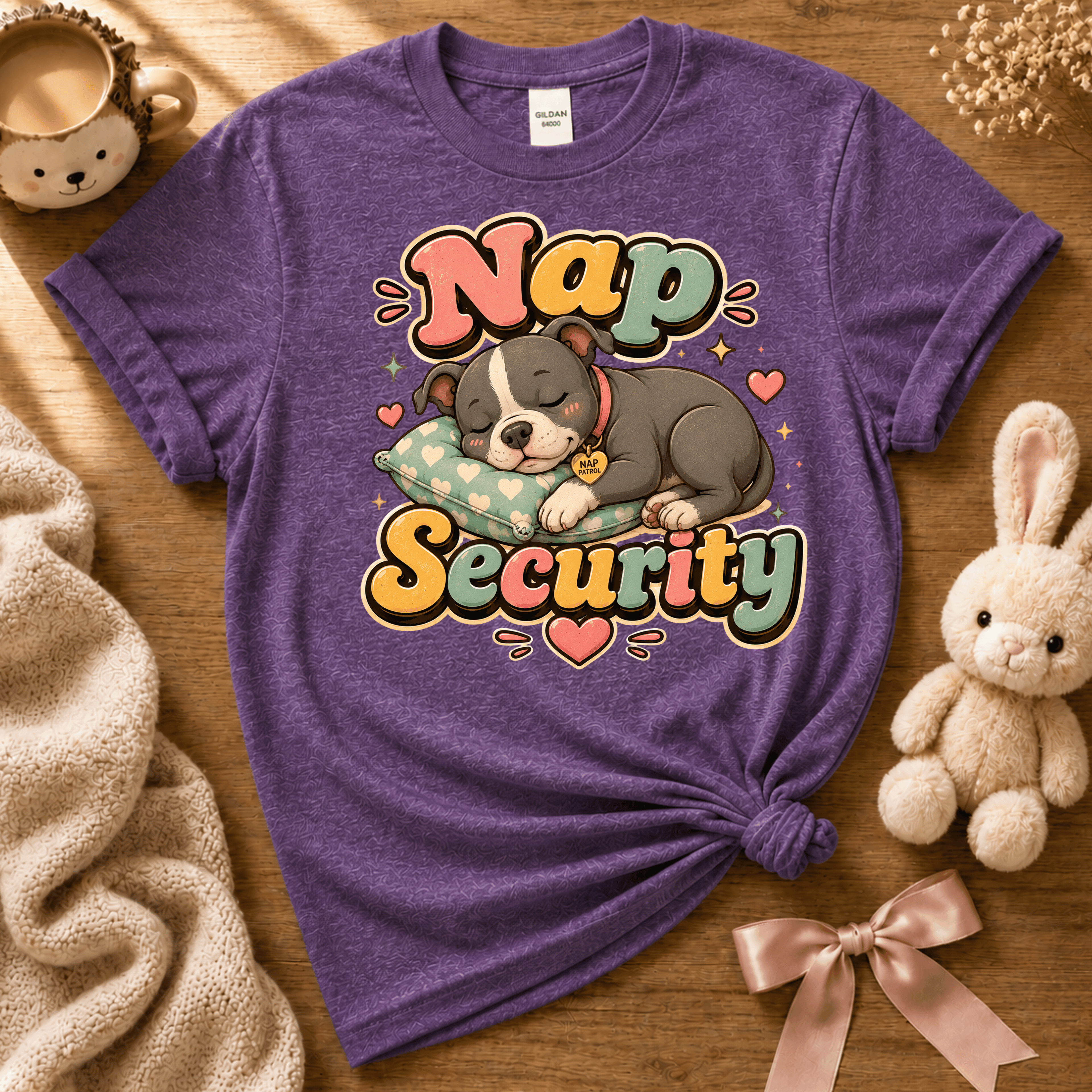 Nap Security cute animals graphic t-shirt cozy flat lay in heather purple.