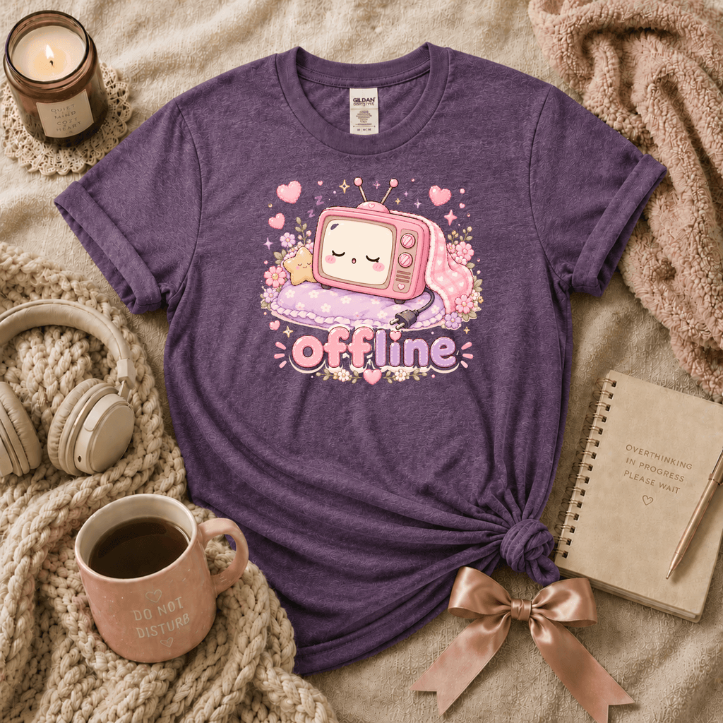 Offline introvert graphic t-shirt cozy flat lay in heather purple.