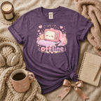Offline introvert graphic t-shirt cozy flat lay in heather purple.