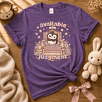 Available for Judgement cute animal graphic t-shirt cozy flat lay in heather purple.