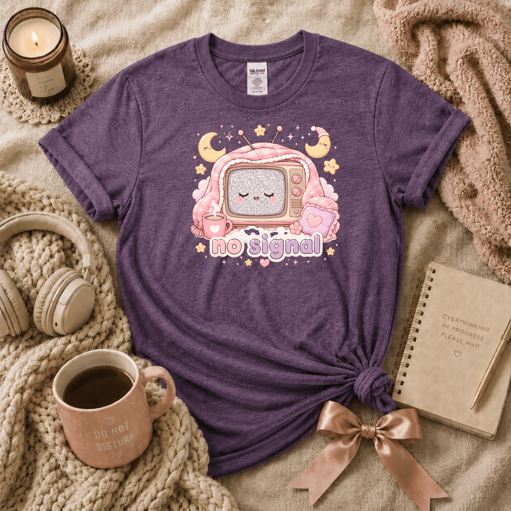 No Signal introvert graphic t-shirt cozy flat lay in heather purple.