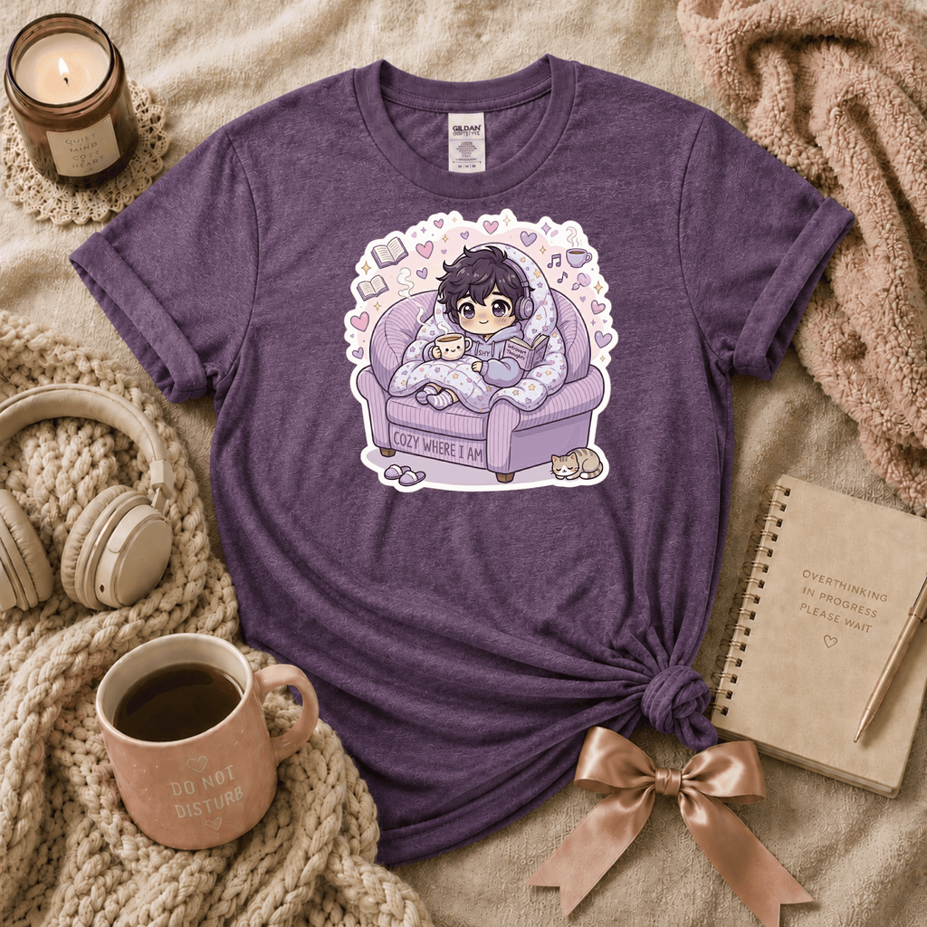 Happy Where I am introvert graphic t-shirt cozy flat lay in heather purple.