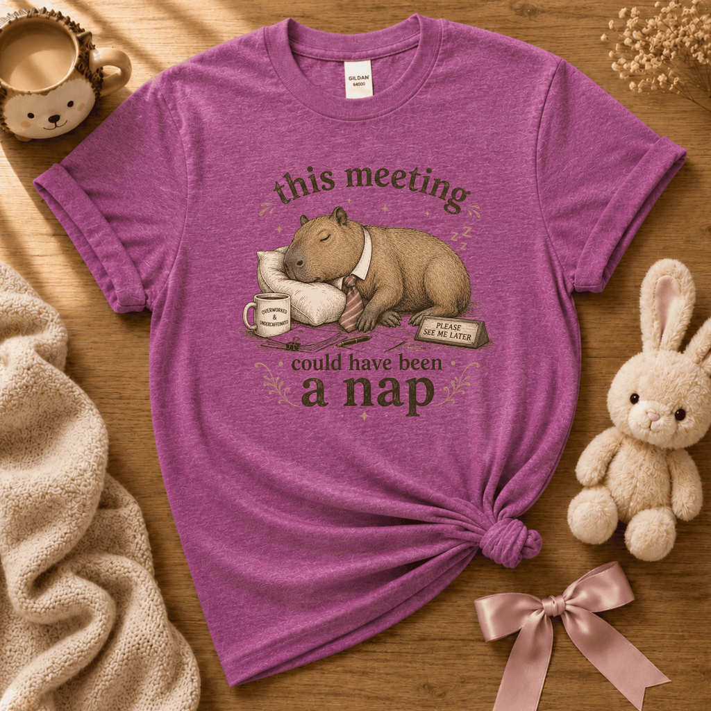 This Meeting cute animal graphic t-shirt cozy flat lay in heather radiant orchid.