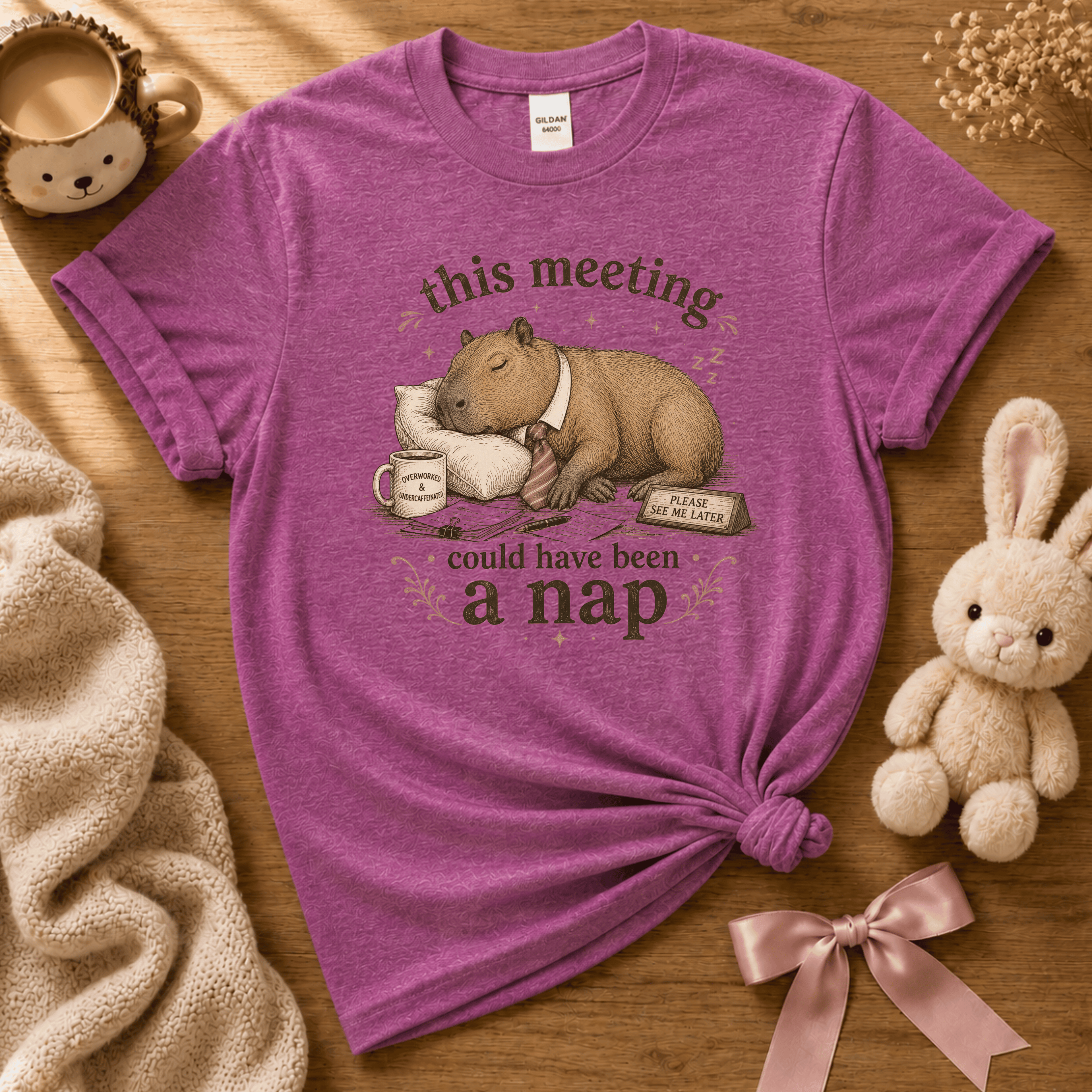 This Meeting cute animal graphic t-shirt cozy flat lay in heather radiant orchid.