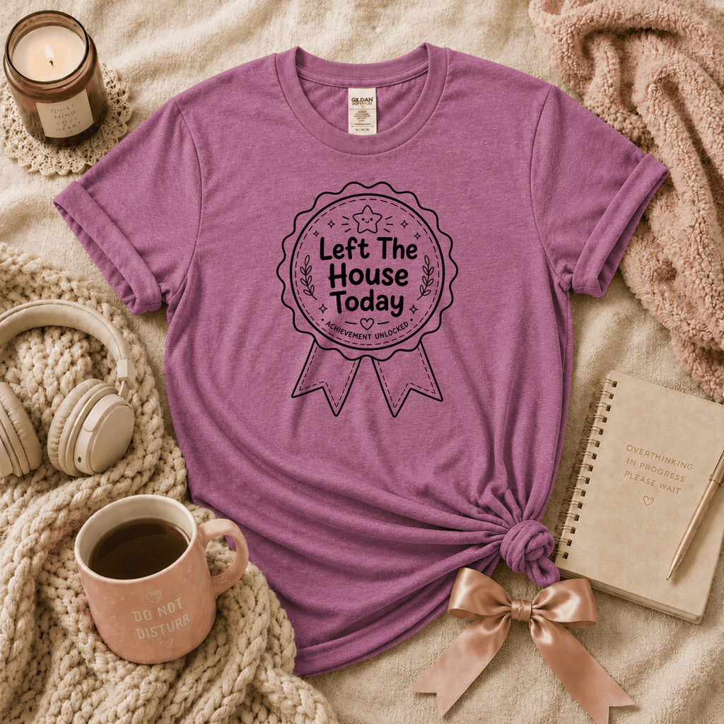 Left The House introvert graphic t-shirt cozy flat lay in heather radiant orchid.