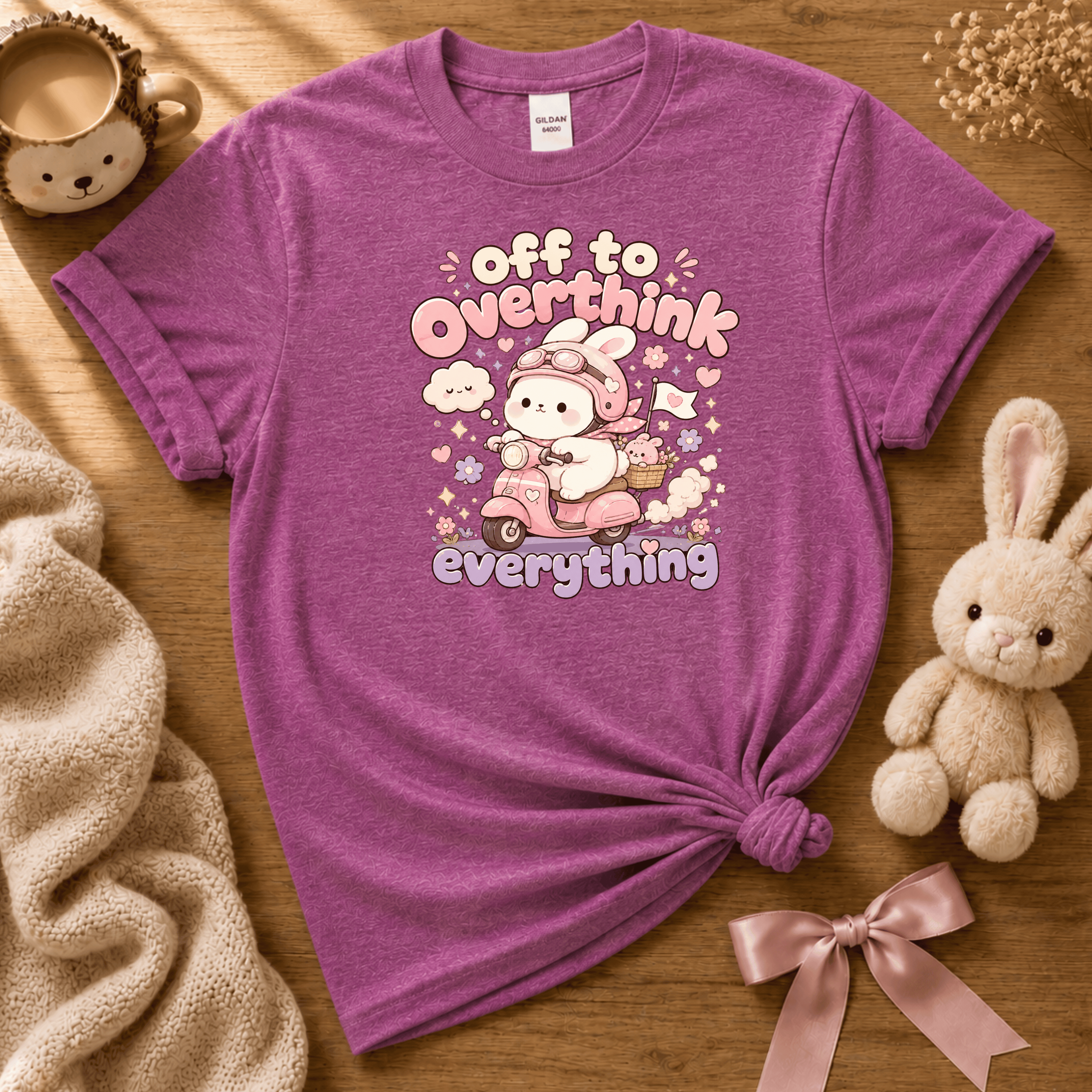 Overthink Bunny cute animal graphic t-shirt cozy flat lay in heather radiant orchid.