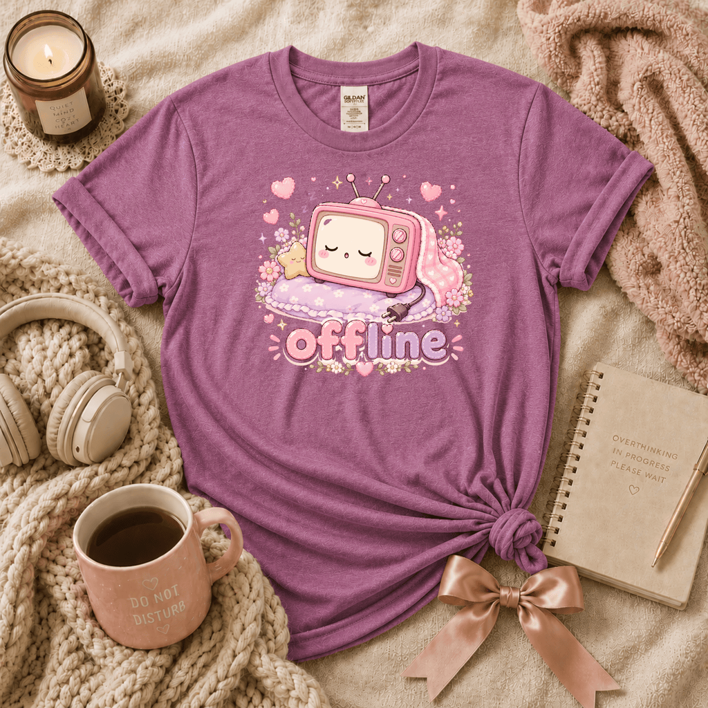 Offline introvert graphic t-shirt cozy flat lay in heather radiant orchid.