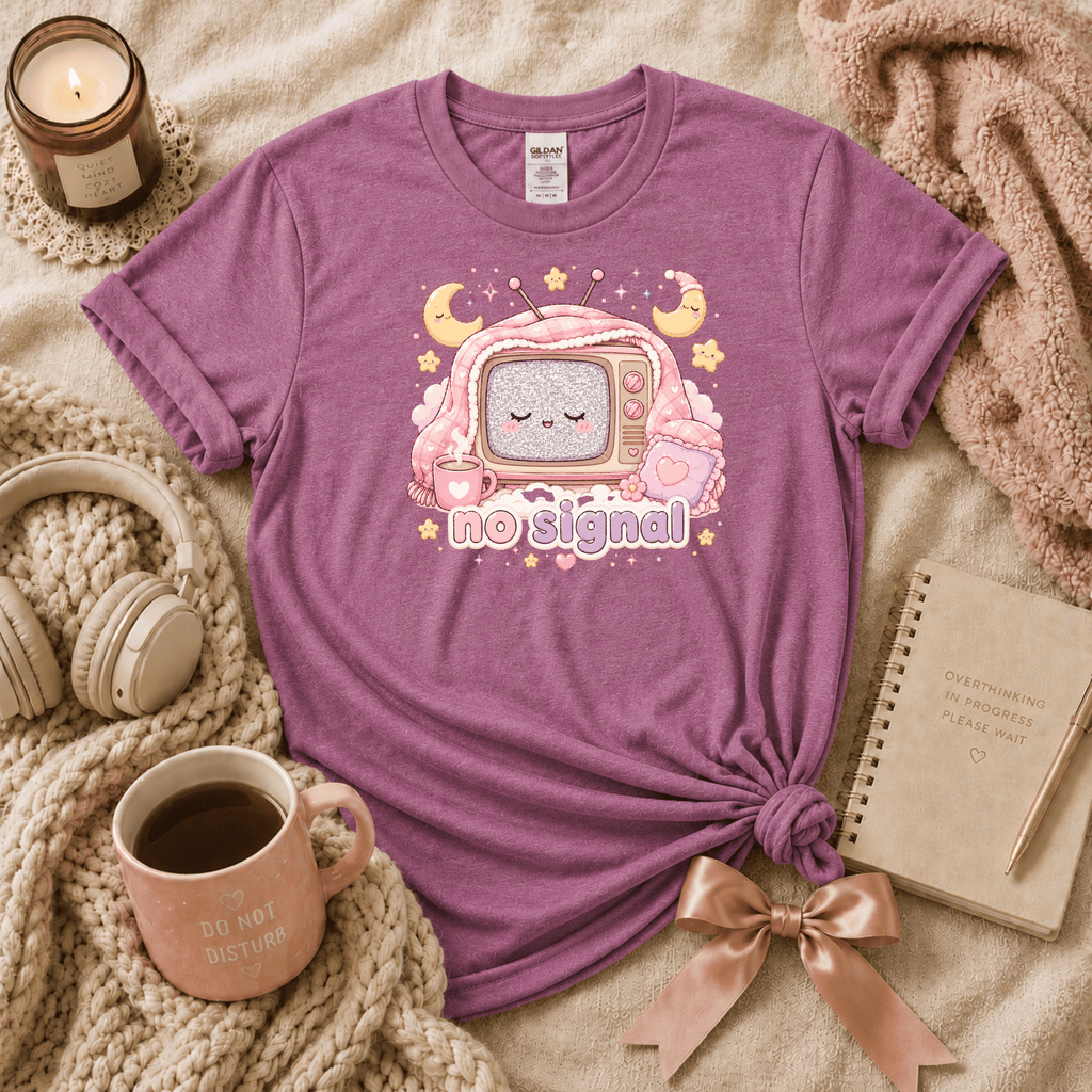 No Signal introvert graphic t-shirt cozy flat lay in heather radiant orchid.