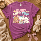 Quiet Cutie Club 2 cute animal graphic t-shirt displayed in a cozy flat lay in heather radiant orchid.
