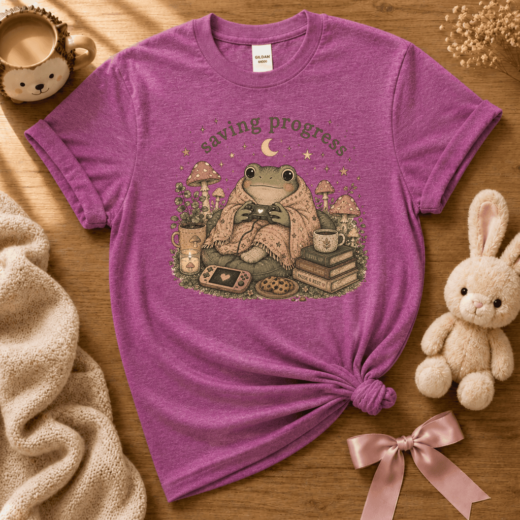 Saving Progress introvert graphic t-shirt cozy flat lay in heather radiant orchid.