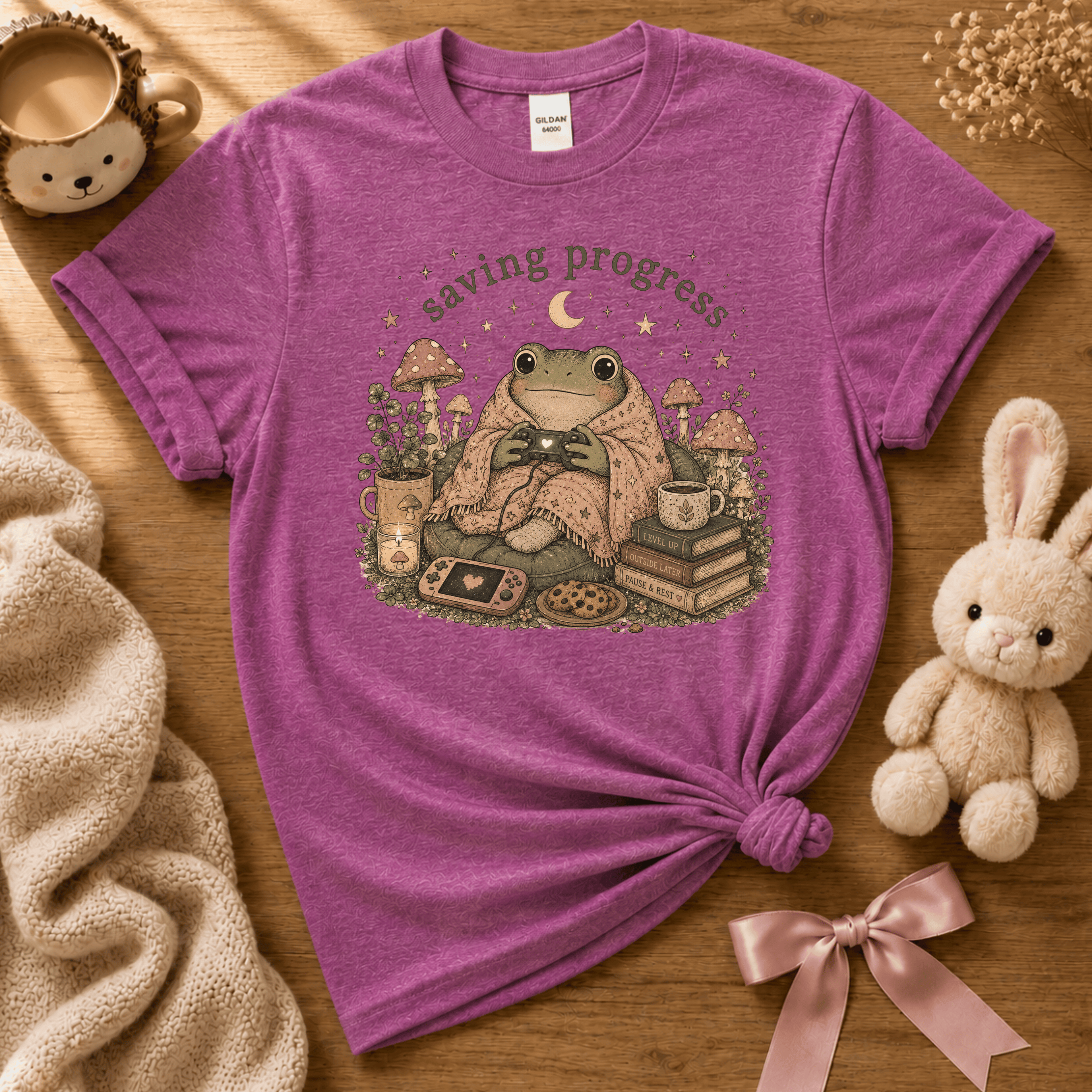 Saving Progress introvert graphic t-shirt cozy flat lay in heather radiant orchid.