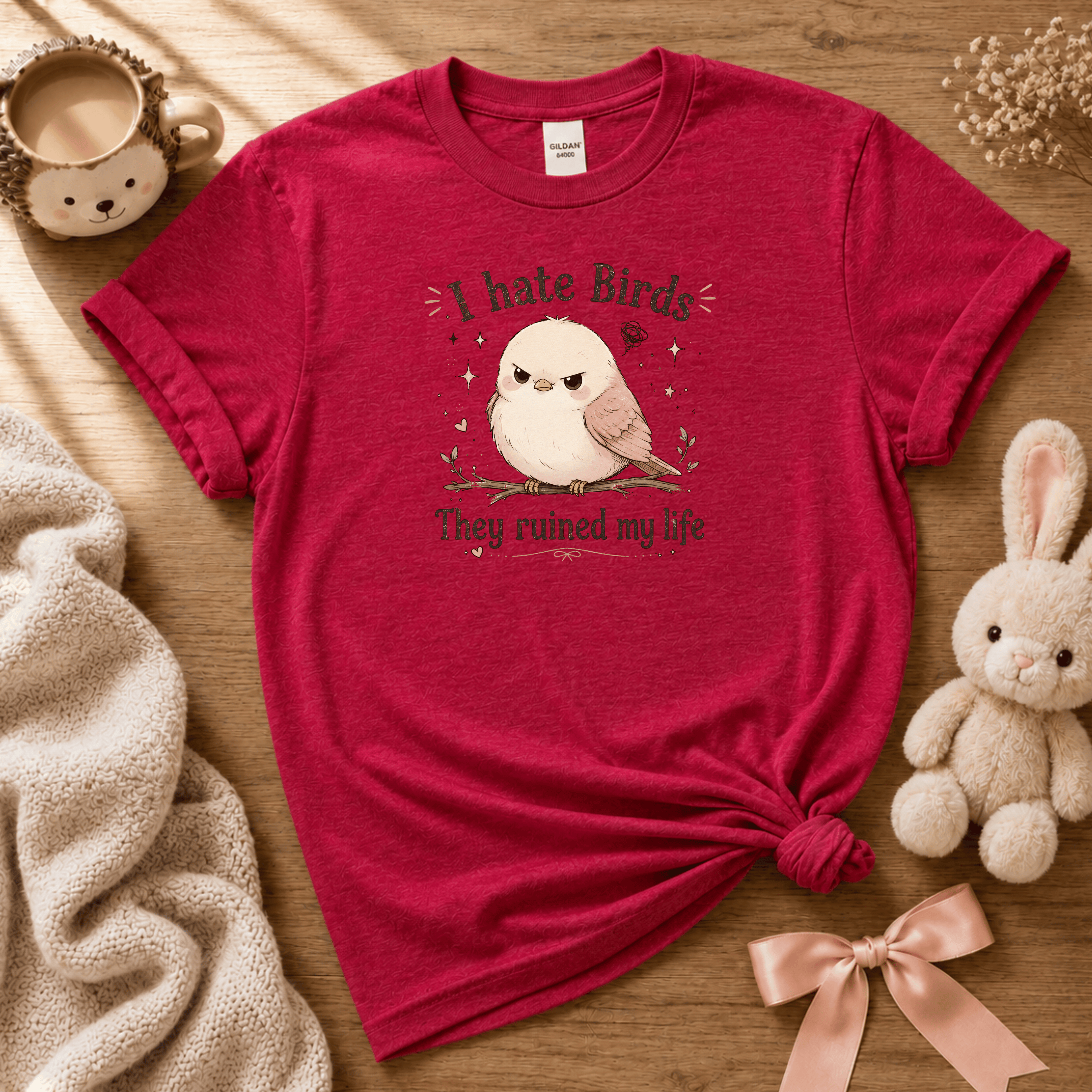 I Hate Birds cute animals graphic t-shirt cozy flat lay in heather red.