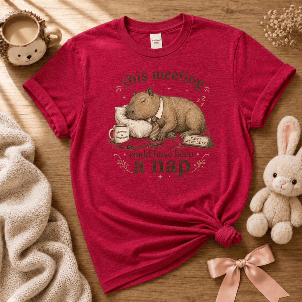 This Meeting cute animal graphic t-shirt cozy flat lay in heather red.