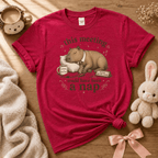 This Meeting cute animal graphic t-shirt cozy flat lay in heather red.
