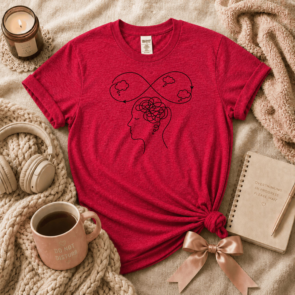 So Many Thoughts introvert graphic t-shirt cozy flat lay in heather red.
