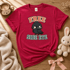 Free Side Eye cute animal graphic t-shirt displayed in a cozy flat lay in heather red.