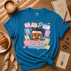 Brewing Thoughts coffee lover graphic t-shirt cozy flat lay in heather sapphire.