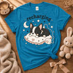 Sleeping Boston cute animal graphic t-Shirt cozy flat lay in heather sapphire.