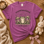 Overstimulated cute animal graphic t-shirt cozy flat lay in heather radiant orchid.