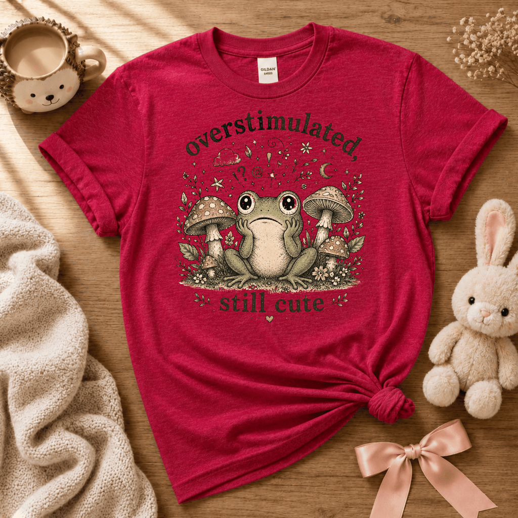 Overstimulated cute animal graphic t-shirt cozy flat lay in heather red.