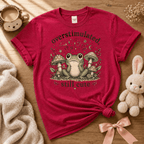 Overstimulated cute animal graphic t-shirt cozy flat lay in heather red.