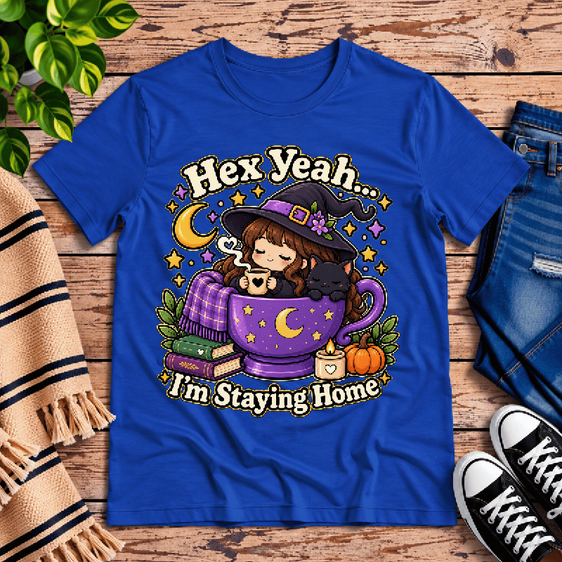 Hex Yeah Premium T-Shirt in true royal blue, flat lay with witch girl in a teacup and black cat graphic