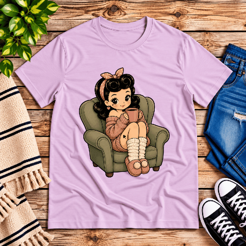 Homebody Holly Premium T-Shirt in lilac, flat lay with pinup girl in a green armchair graphic