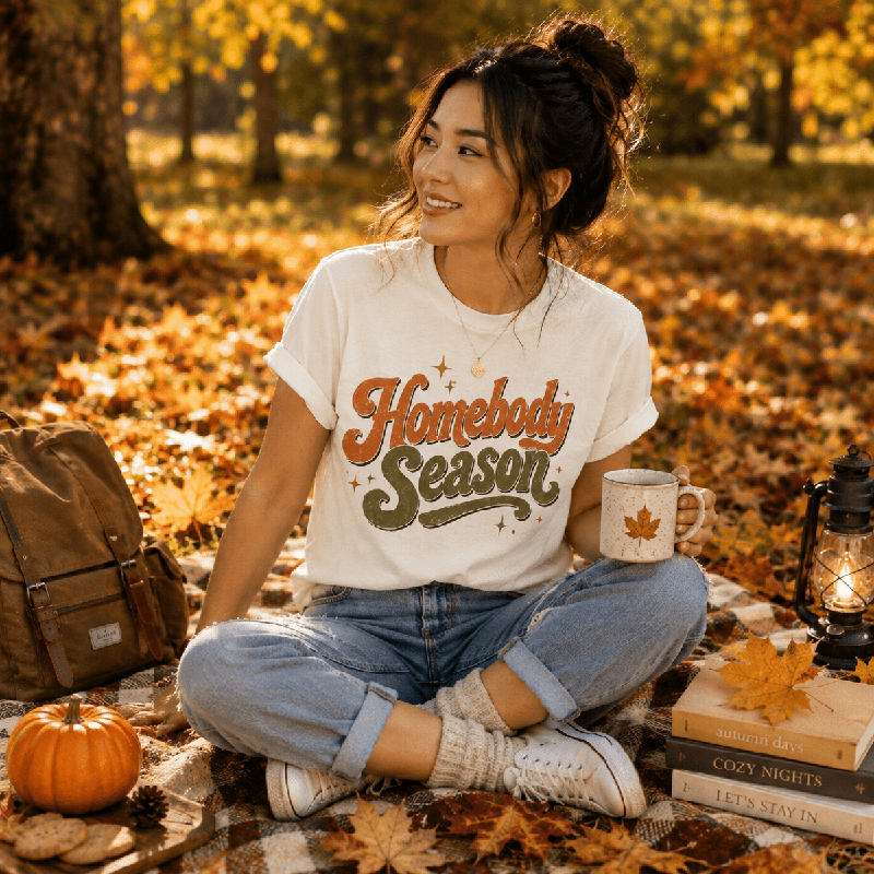 Woman sitting outdoors on fall leaves holding a mug, wearing the Homebody Season Premium T-Shirt in vintage white