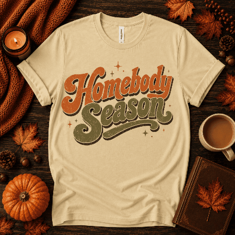 Homebody Season Premium T-Shirt in natural, flat lay with autumn props