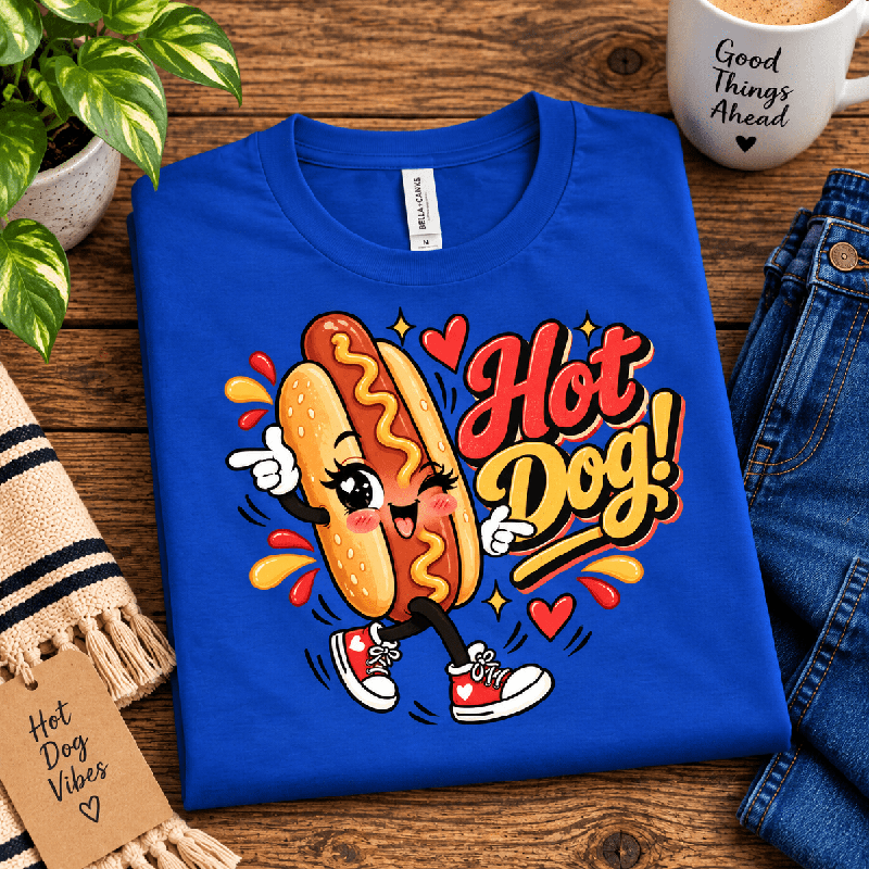 Hot Dog! Premium T-Shirt in true royal blue, folded close-up with neck tag showing
